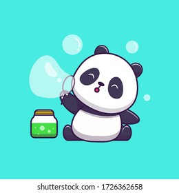 Cute Panda Playing Soap Bubble Vector Icon Illustration. Animal Icon Concept Isolated Premium Vector. Flat Cartoon Style 