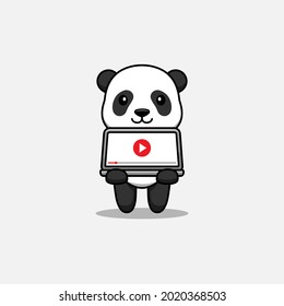 Cute panda playing video on laptop