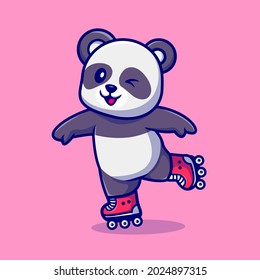 Cute Panda Plying Roller Skate Cartoon Vector Icon Illustration. Animal Sport Icon Concept Isolated Premium Vector. Flat Cartoon Style