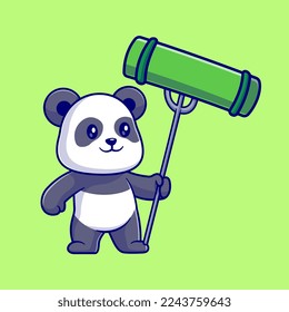 Cute Panda Poke Bamboo With Fork Cartoon Vector Icon Illustration. Animal Food Icon Concept Isolated Premium Vector. Flat Cartoon Style