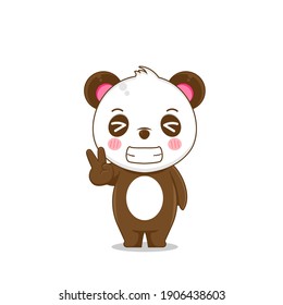 Cute panda posing peace finger. Vector illustration of chibi character isolated on white background.