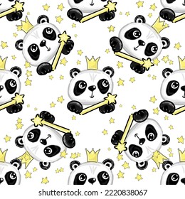 Cute panda princess seamless pattern, gold crown and stars. Girlish print for textiles, packaging, fabrics, wallpapers. Vector illustration for children, fashion kids wear.