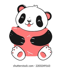 Cute Panda Print With Pillow. A Happy Panda Cub Hugs A Pillow. Vector Isolated Illustration In Linear Doodle Style.