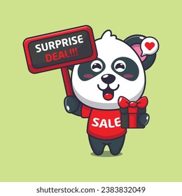 cute panda with promotion sign and gift box in black friday sale cartoon vector illustration