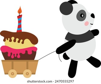 Cute panda pulling small wooden cart with birthday cake