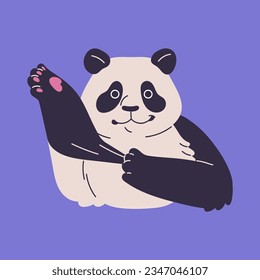 Cute panda put on furry costume. China fluffy bear wearing gloves, smile and joy. Fuzzy nice animal, funny character, white head with black paws, kid, childish style. Flat isolated vector illustration