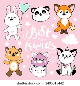Cute panda  rabbit  cat unicorn  bear   fox in kawaii style   the inscription best friends pink background