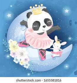 Cute panda and rabbit dancing in the moon