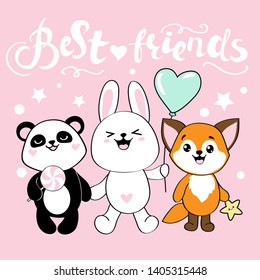 Cute panda  rabbit   fox in kawaii style   the inscription best friends pink background