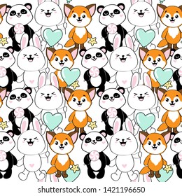 Cute panda, rabbit and fox in kawaii style on a white background seamless pattern