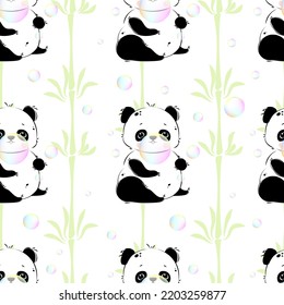 Cute panda with rainbow bubble gum . Funny bear with bamboo for  print.