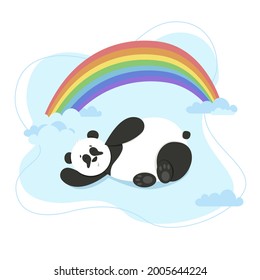 Cute panda with rainbow isolated on white. Childish print for apparel, nursery, cards, posters. Vector illustration in flat style