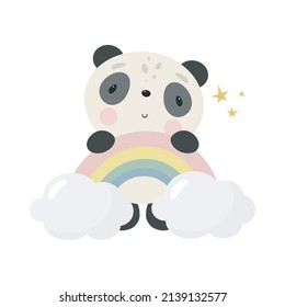 El Panda lindo con el arcoiris. Para los niños cosas, tarjeta, carteles, pancartas, libros, impresión en el envase, impresión en ropa, tela, papel pintado, textil o vajilla. Ilustración vectorial.