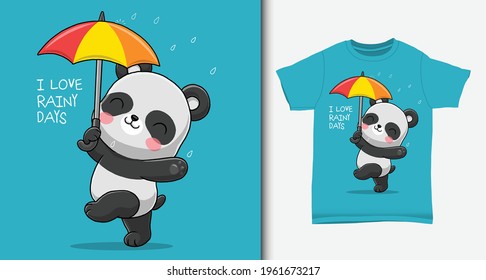 Cute panda in rainy days. with t-shirt design.