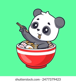 Cute Panda In Ramen Noodle With Chopstick Cartoon Vector Icon Illustration. Animal Food Icon Concept Isolated Premium Vector. Flat Cartoon Style