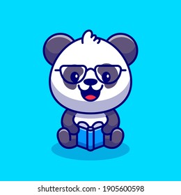 Cute Panda Reading Book Cartoon Vector Icon Illustration. Animal Wildlife Icon Concept Isolated Premium Vector. Flat Cartoon Style