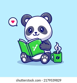 Cute Panda Reading Book With Coffee Cartoon Vector Icon Illustration. Animal Education Icon Concept Isolated Premium Vector. Flat Cartoon Style