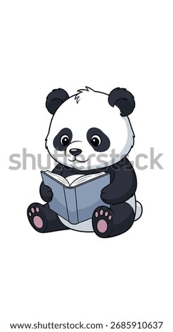A cute panda reading a book with a happy expression.