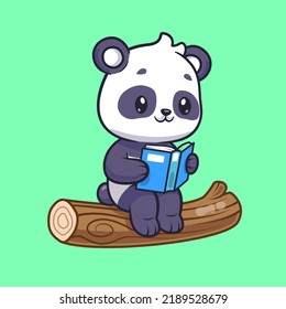 Cute Panda Reading Book On Branch Tree Cartoon Vector Icon Illustration. Animal Education Icon Concept Isolated Premium Vector. Flat Cartoon Style