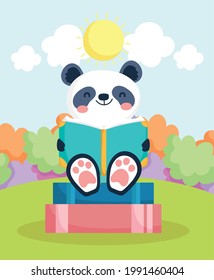 cute panda reading book school