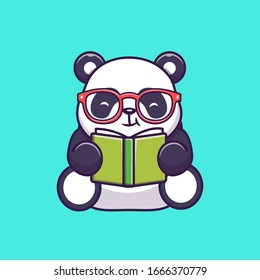 Cute Panda Reading Book Vector Icon Illustration. Panda Mascot Cartoon Character. Animal Icon Concept White Isolated. Flat Cartoon Style Suitable for Web Landing Page, Banner, Flyer, Sticker, Card