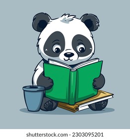 Cute Panda Reading Book Vector Cartoon Icon Mascot Illustration