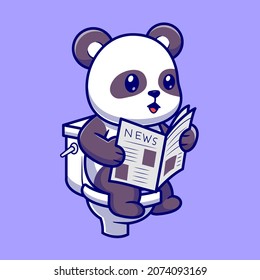 Cute Panda Reading Newspaper On Toilet Cartoon Vector Icon Illustration. Animal Nature Icon Concept Isolated Premium Vector. Flat Cartoon Style