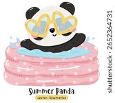 Cute Panda Ready for Summer, Chubby Panda Enjoying summer Cartoon Vector illustration