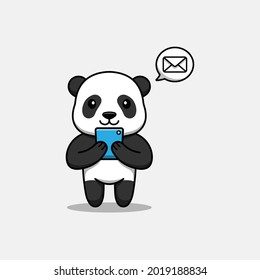 Cute panda receiving message on smart phone