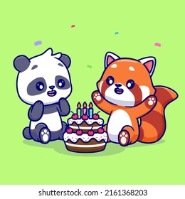 Cute Panda And Red Panda With Birthday Cake Cartoon Vector Icon Illustration. Animal Food Icon Concept Isolated Premium Vector. Flat Cartoon Style
