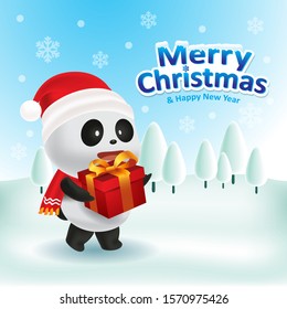 Cute panda with red cap and red scarf carrying a gift box for Christmas