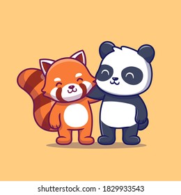 Cute Panda And Red Panda Cartoon Vector Icon Illustration. Animal Friend Icon Concept Isolated Premium Vector. Flat Cartoon Style