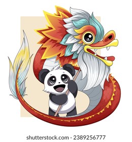 A cute panda and a red dragon. Dragon dance. Traditional performance. The symbol of the year. The symbol of lucky. Vector illustration. 