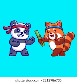 Cute Panda And Red Panda Fighting Cartoon Vector Icon Illustration. Animal Nature Icon Concept Isolated Premium Vector. Flat Cartoon Style