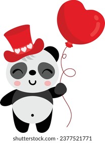 Cute panda with red hat holding a heart balloon
