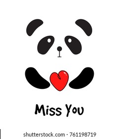 Cute Panda with Red Heart. Miss You Card. Vector illustration flat design