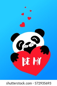 Cute panda and red heart on blue background. Happy Valentine's day card. Vector