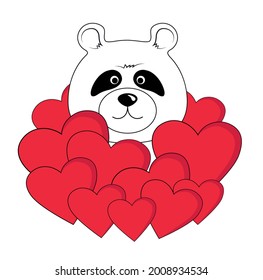 Cute panda with red hearts. Love Valentine animal