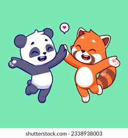 Cute Panda Y Panda Rojo Alta Ilustración De Icono De Vector De Caricaturas De Cinco Caricaturas. Concepto de icono de la naturaleza animal Vector Premium aislado. Estilo de dibujo plano