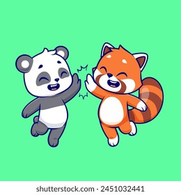 Lindo Panda Y Panda Rojo Alto Cinco Dibujos Animados Ilustración De Vector. Icono de Naturaleza animal concepto de Vector Premium aislado. Estilo plano de dibujos animados