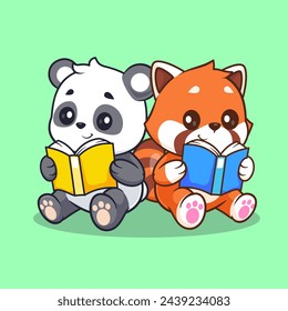 Cute Panda And Red Panda Reading Book Cartoon Vector Icon Illustration. Animal Education Icon Concept Isolated Premium Vector. Flat Cartoon Style