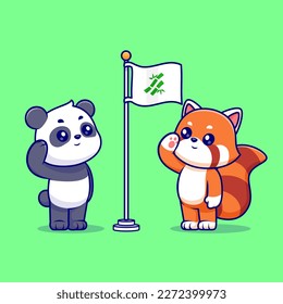 Cute Panda And Red Panda Respect Bamboo Flag Cartoon Vector Icon Illustration. Animal Nature Icon Concept Isolated Premium Vector. Flat Cartoon Style