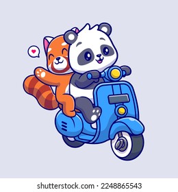 Cute Panda And Red Panda Riding Scooter Cartoon Vector Icon Illustration. Animal Transportation Icon Concept Isolated Premium Vector. Flat Cartoon Style