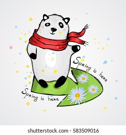 Cute Panda in a red scarf. Caption: spring is here