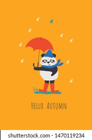 Cute panda with red umbrella walks through puddles in rubber boots . Vector hand drawn illustration. Kids print or postcard with lettering Hello Autumn