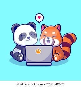 Cute Panda Y Panda Rojo Trabajando En La Ilustración Del Icono Del Vector De Portátiles. Vector Premium Aislado De Icono De Tecnología Animal. Estilo de dibujo plano