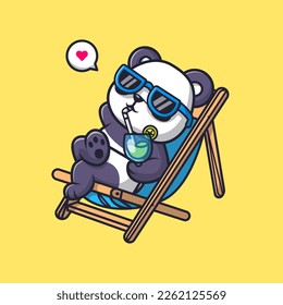 Cute Panda Relaxing On Bench and Drink Orange Juice Cartoon Vector Icon Illustration. Animal Holiday Icon Concept Isolated Premium Vector. Flat Cartoon Style