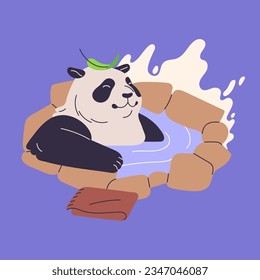 Cute panda rest in onsen. Fluffy asian bear bathe in hot spring, happy jungle character sitting in pond and smile, glad plump chinese animal relax and lying in water. Flat isolated vector illustration