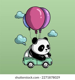 Cute Panda Riding Air Balloon Illustration Vector Artwork