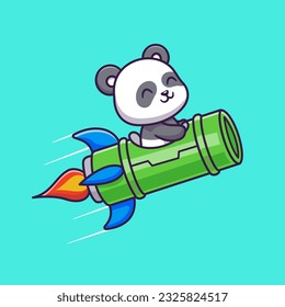 Cute Panda Riding Bamboo Rocket Cartoon Vector Icon Illustration. Animal Transportation Icon Concept Isolated Premium Vector. Flat Cartoon Style